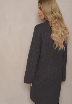 Ciemnoszary Kardigan Bez Zapięć Zdobiony Luźnym Splotem i Wsuwanymi Kieszeniami Calineth