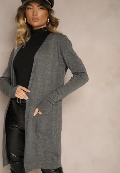 Ciemnoszary Kardigan Bez Zapięć o Prostym Kroju ze Wsuwanymi Kieszonkami Torinia