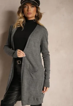 Ciemnoszary Kardigan Bez Zapięć o Prostym Kroju ze Wsuwanymi Kieszonkami Torinia