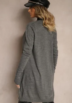 Ciemnoszary Kardigan Bez Zapięć o Prostym Kroju ze Wsuwanymi Kieszonkami Torinia