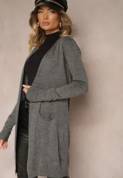 Ciemnoszary Kardigan Bez Zapięć o Prostym Kroju ze Wsuwanymi Kieszonkami Torinia