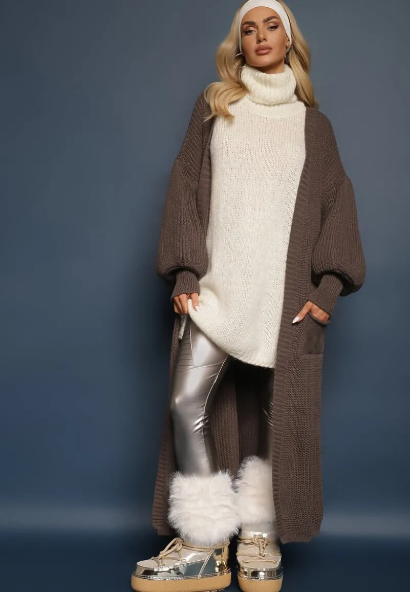 Ciemnoszary Kardigan Długi z Bufiastym Rękawem Mesho