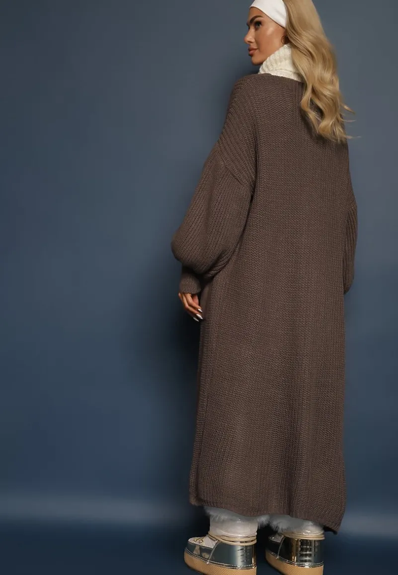 Ciemnoszary Kardigan Długi z Bufiastym Rękawem Mesho