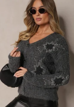 Ciemnoszary Kardigan na Guziki z Haftowanym Wzorem Linelith