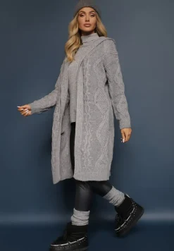 Ciemnoszary Kardigan o Długim Fasonie z Kapturem i Kieszeniami Oricyna