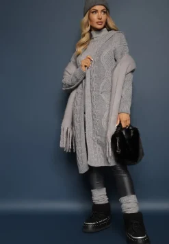 Ciemnoszary Kardigan o Długim Fasonie z Kapturem i Kieszeniami Oricyna