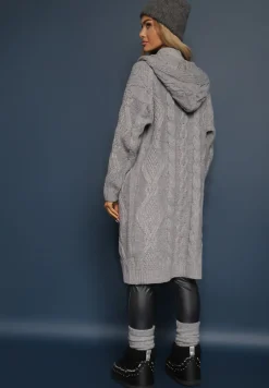 Ciemnoszary Kardigan o Długim Fasonie z Kapturem i Kieszeniami Oricyna