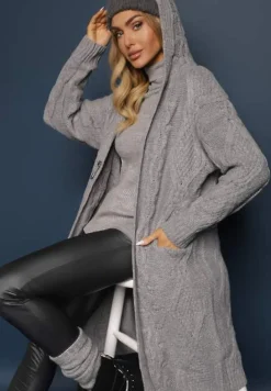 Ciemnoszary Kardigan o Długim Fasonie z Kapturem i Kieszeniami Oricyna