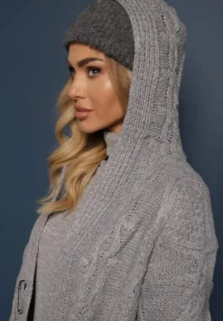 Ciemnoszary Kardigan o Długim Fasonie z Kapturem i Kieszeniami Oricyna