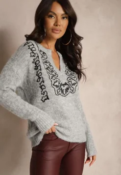 Ciemnoszary Kardigan z Dodatkiem Wełny na Guziki z Kokardami i Cyrkoniami Izarlitia