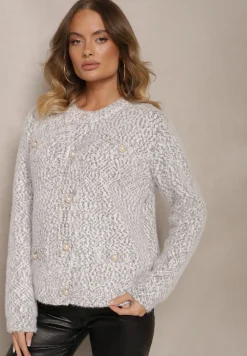 Ciemnoszary Kardigan z Wiskozą Ozdobiony Imitacją Kieszeni i Guzikami Nomilira