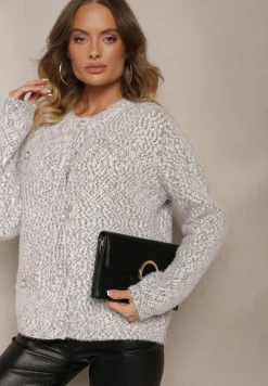 Ciemnoszary Kardigan z Wiskozą Ozdobiony Imitacją Kieszeni i Guzikami Nomilira