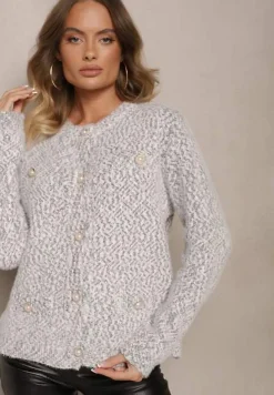 Ciemnoszary Kardigan z Wiskozą Ozdobiony Imitacją Kieszeni i Guzikami Nomilira