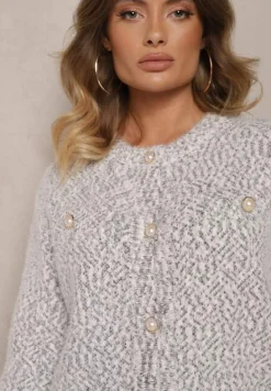 Ciemnoszary Kardigan z Wiskozą Ozdobiony Imitacją Kieszeni i Guzikami Nomilira