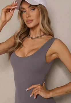 Ciemnoszary Kombinezon Taliowany z Wycięciem na Plecach i Usztywnianymi Miseczkami Senimi