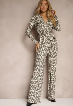 Ciemnoszary Kombinezon z Wiskozą w Geometryczny Wzór z Paskiem Nailaia