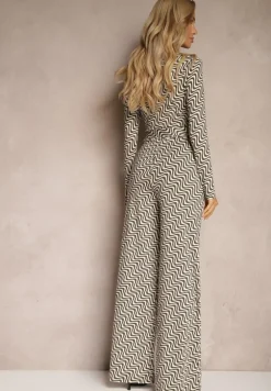 Ciemnoszary Kombinezon z Wiskozą w Geometryczny Wzór z Paskiem Nailaia