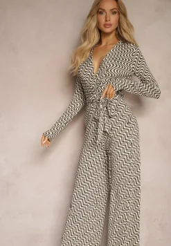 Ciemnoszary Kombinezon z Wiskozą w Geometryczny Wzór z Paskiem Nailaia