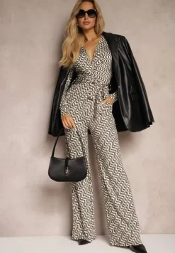 Ciemnoszary Kombinezon z Wiskozą w Geometryczny Wzór z Paskiem Nailaia