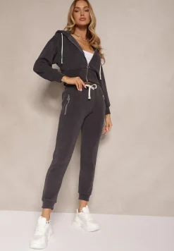 Ciemnoszary Komplet Dresowy z Bawełny Bluza z Kapturem i Spodnie Slim Inerisa