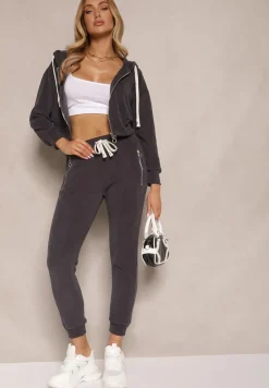 Ciemnoszary Komplet Dresowy z Bawełny Bluza z Kapturem i Spodnie Slim Inerisa