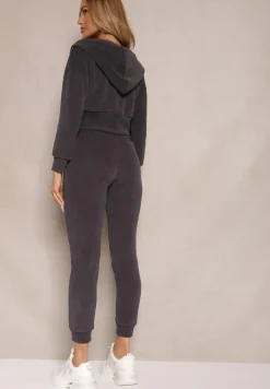 Ciemnoszary Komplet Dresowy z Bawełny Bluza z Kapturem i Spodnie Slim Inerisa