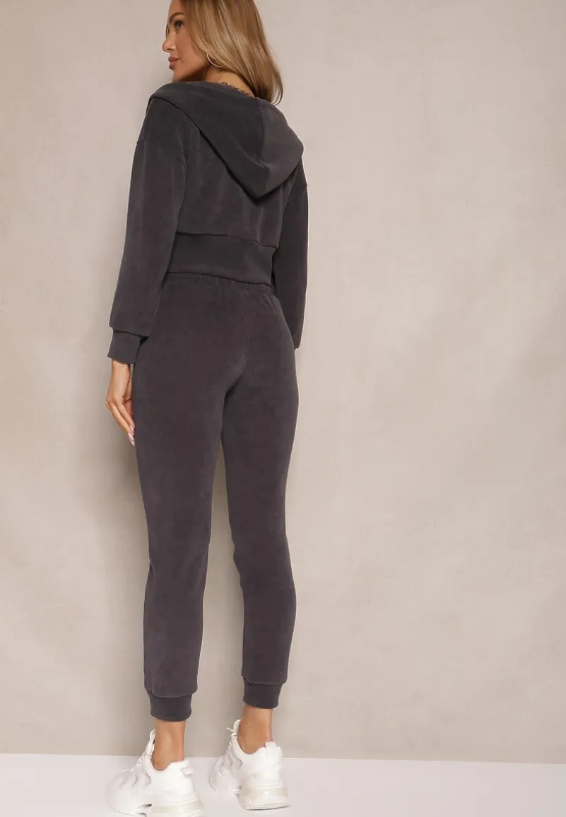 Ciemnoszary Komplet Dresowy z Bawełny Bluza z Kapturem i Spodnie Slim Inerisa