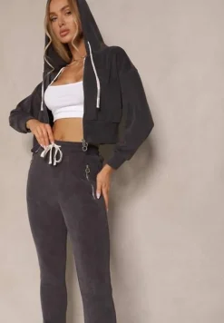 Ciemnoszary Komplet Dresowy z Bawełny Bluza z Kapturem i Spodnie Slim Inerisa