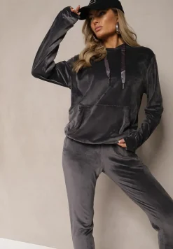 Ciemnoszary Komplet Dresowy z Dodatkiem Bawełny Spodnie z Gumką w Pasie Bluza z Kapturem Reseria