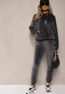 Ciemnoszary Komplet Dresowy z Dodatkiem Bawełny Spodnie z Gumką w Pasie Bluza z Kapturem Reseria