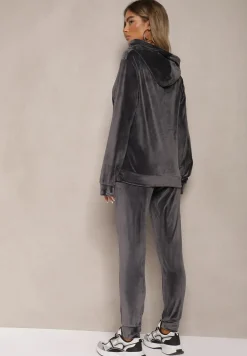 Ciemnoszary Komplet Dresowy z Dodatkiem Bawełny Spodnie z Gumką w Pasie Bluza z Kapturem Reseria