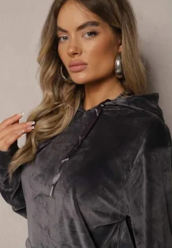 Ciemnoszary Komplet Dresowy z Dodatkiem Bawełny Spodnie z Gumką w Pasie Bluza z Kapturem Reseria