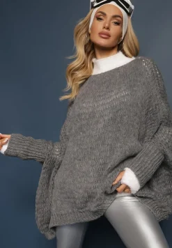 Ciemnoszary Luźny Sweter Dzianinowy w Stylu Ponczo Nattava