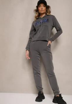 Ciemnoszary Ocieplany Komplet Dresowy Bawełniany Spodnie Joggery i Bluza Zdobiona Nadrukiem Filoira