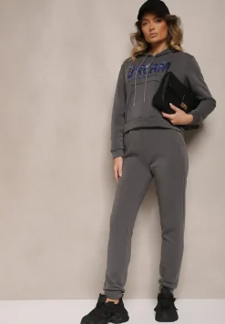 Ciemnoszary Ocieplany Komplet Dresowy Bawełniany Spodnie Joggery i Bluza Zdobiona Nadrukiem Filoira