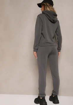 Ciemnoszary Ocieplany Komplet Dresowy Bawełniany Spodnie Joggery i Bluza Zdobiona Nadrukiem Filoira
