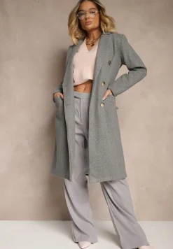 Ciemnoszary Płaszcz Dwurzędowy z Paskiem Eunamia