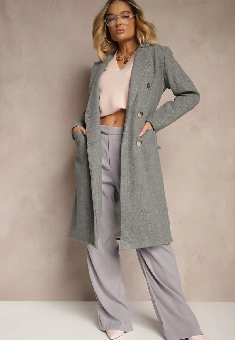 Ciemnoszary Płaszcz Dwurzędowy z Paskiem Eunamia