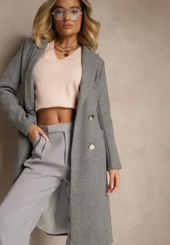 Ciemnoszary Płaszcz Dwurzędowy z Paskiem Eunamia