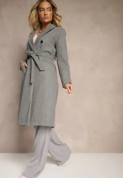 Ciemnoszary Płaszcz Dwurzędowy z Paskiem Eunamia