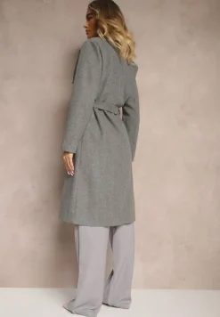 Ciemnoszary Płaszcz Dwurzędowy z Paskiem Eunamia