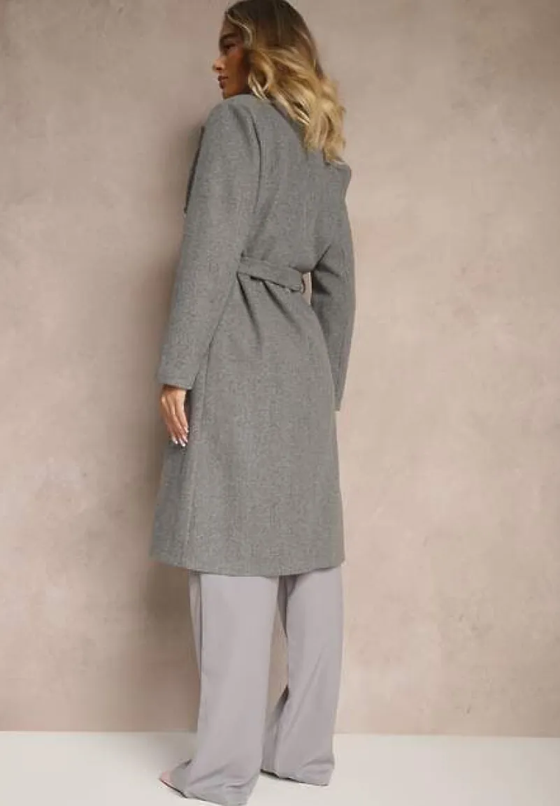 Ciemnoszary Płaszcz Dwurzędowy z Paskiem Eunamia