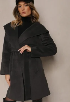 Ciemnoszary Płaszcz z Wiskozą Kapturem i Paskiem w Talii Ninerviria