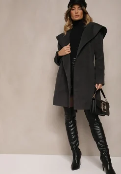 Ciemnoszary Płaszcz z Wiskozą Kapturem i Paskiem w Talii Ninerviria