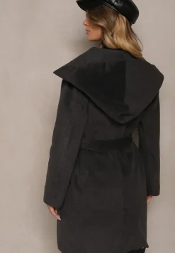 Ciemnoszary Płaszcz z Wiskozą Kapturem i Paskiem w Talii Ninerviria