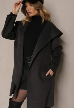 Ciemnoszary Płaszcz z Wiskozą Kapturem i Paskiem w Talii Ninerviria