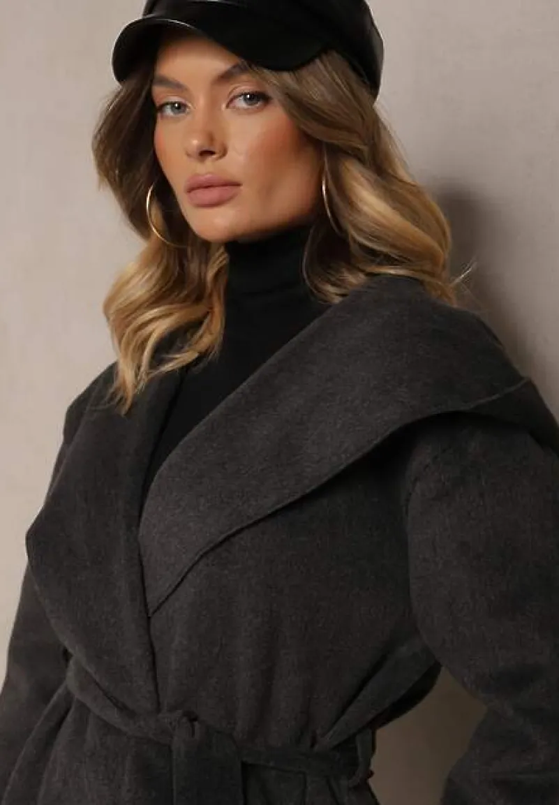 Ciemnoszary Płaszcz z Wiskozą Kapturem i Paskiem w Talii Ninerviria