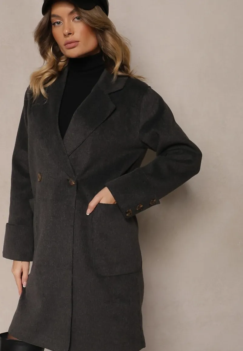 Ciemnoszary Płaszcz z Wiskozą o Dwurzędowym Kroju z Kieszeniami i Wiązanym Paskiem Ninneta