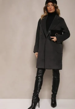 Ciemnoszary Płaszcz z Wiskozą o Dwurzędowym Kroju z Kieszeniami i Wiązanym Paskiem Ninneta