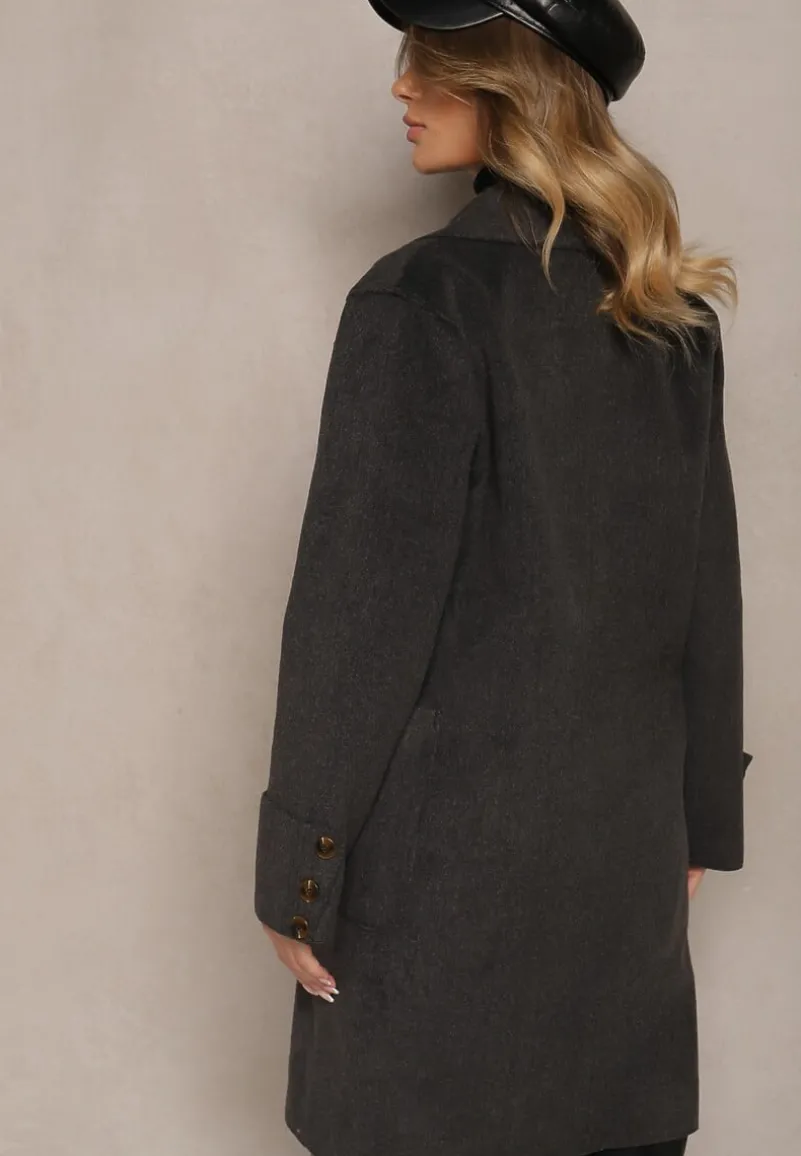 Ciemnoszary Płaszcz z Wiskozą o Dwurzędowym Kroju z Kieszeniami i Wiązanym Paskiem Ninneta